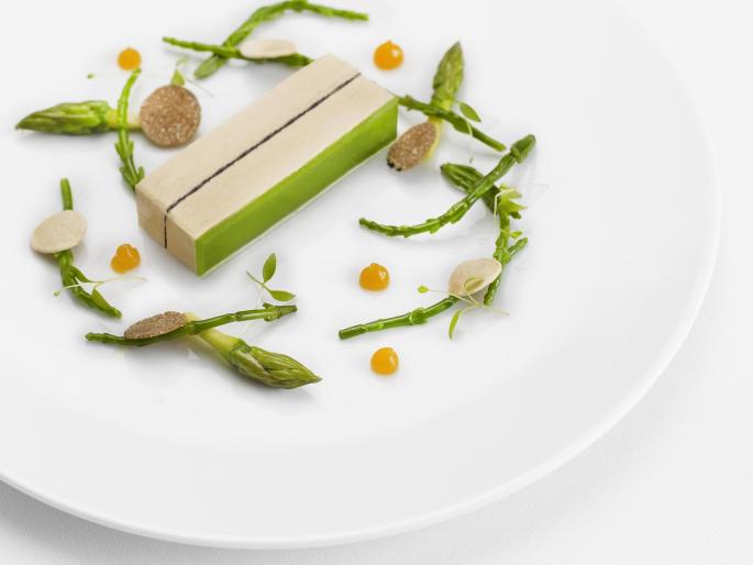 Pressed foie gras with black truffles and green asparagus jelly
