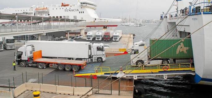 Freight transport trucks in Palma port.