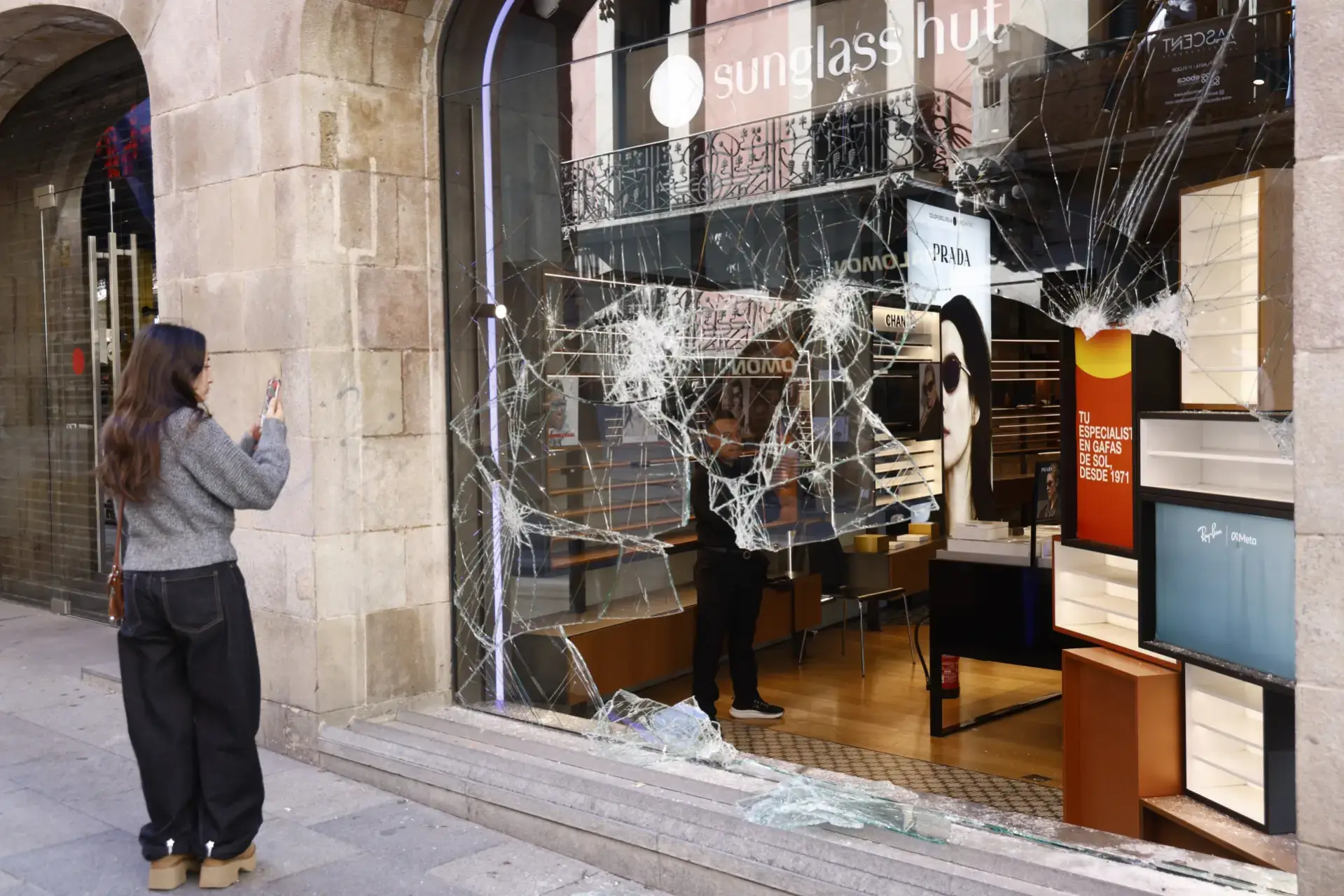 Smashed shop window in Barcelona