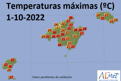 Temperatures for the Balearics on 1 October, 2022