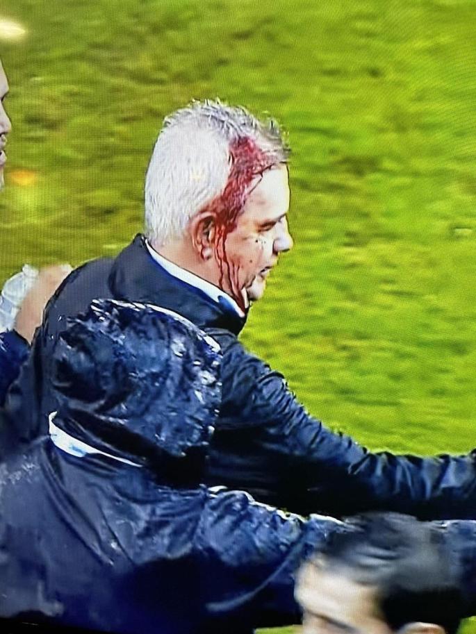Mexico coach Javier Aguirre hit by a beer can