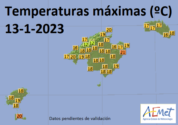 Highs in the Balearics on January 13, 2023