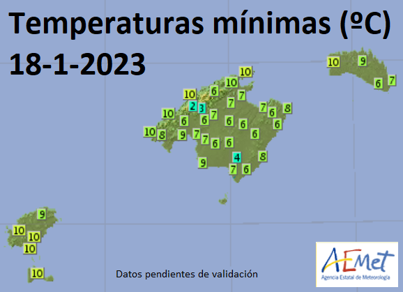 Minimum temperatures for the Balearics on January 18, 2023